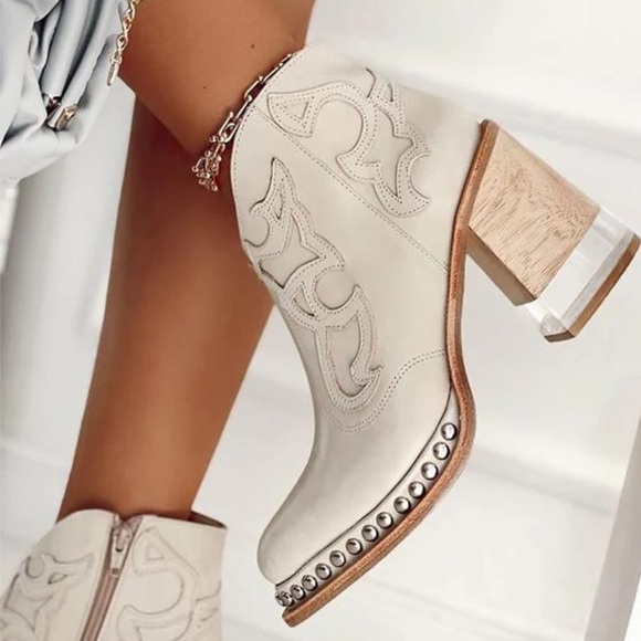 Shoes - Women’s Rivet Welt Acrylic Heel Booties - White